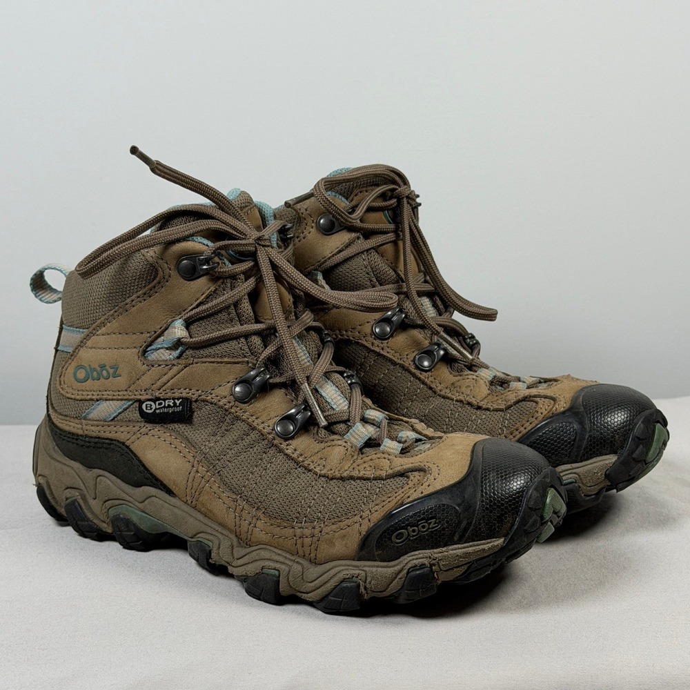 Oboz Bridger Mid B-DRY Waterproof Hiking Boots Brown Teal Womens Size 6.5